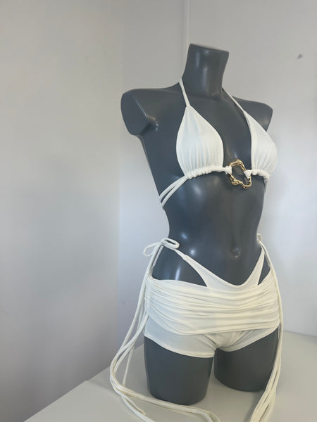 AMALFI CREAM BIKINI SET & RUCHED MINI SHORTS